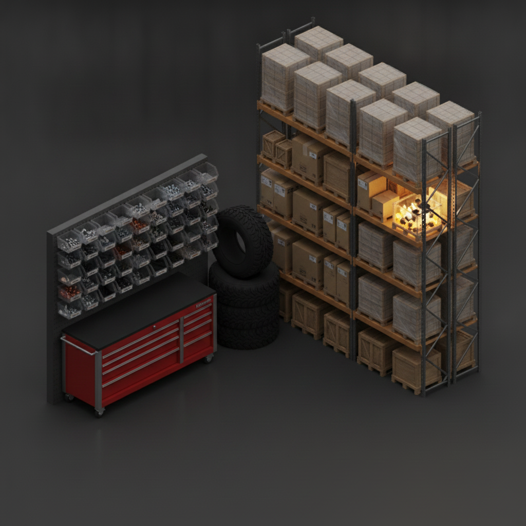Auto shop parts area with a red tool chest, parts bins and stacked tires