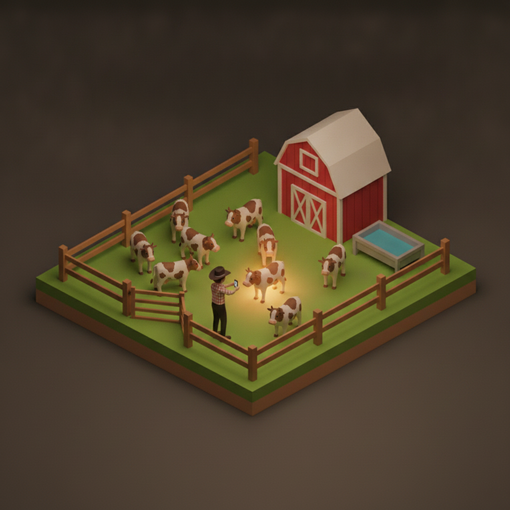 Diorama of cattle in a fenced pasture beside a red barn and water trough