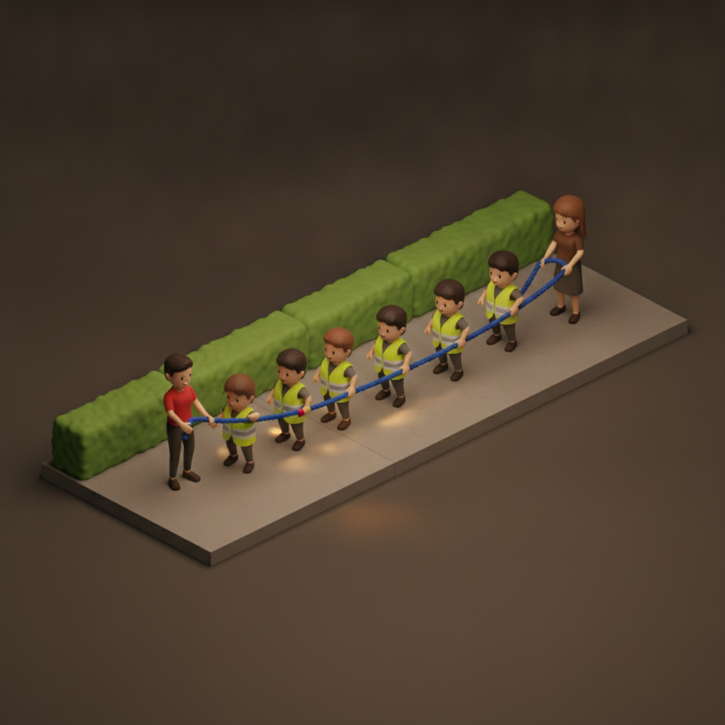 Diorama of toddlers in safety vests holding a walking rope with two teachers
