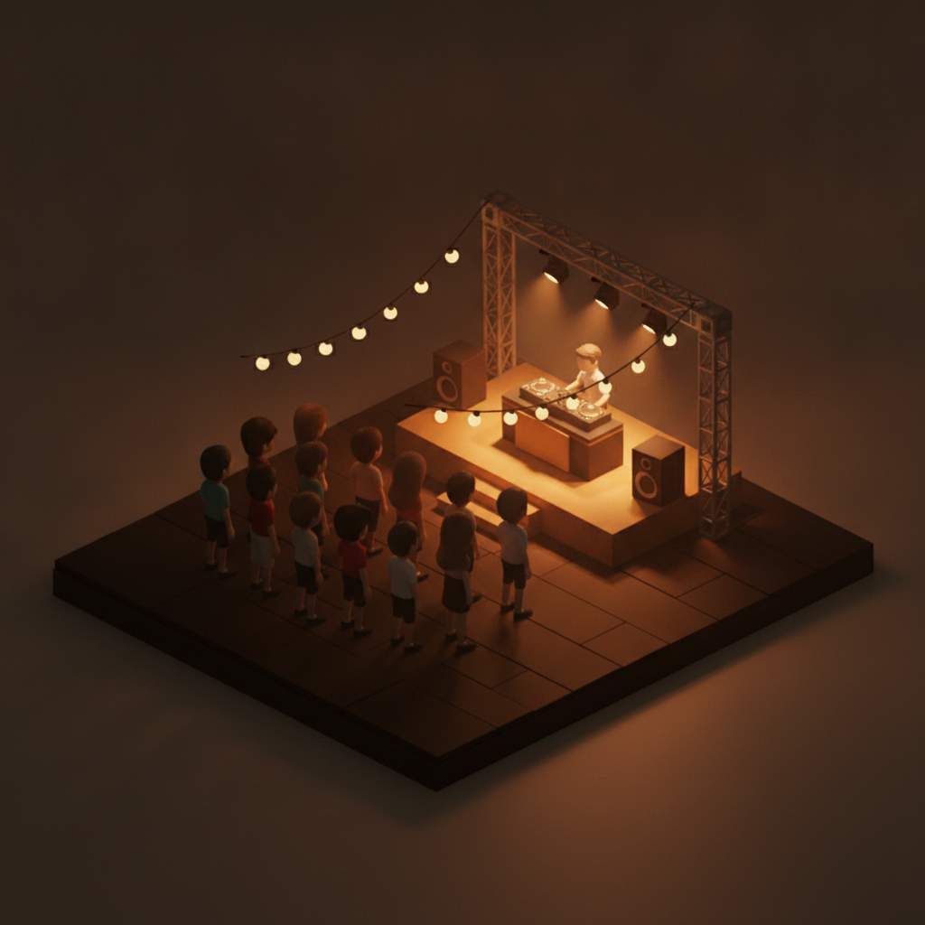 Diorama of a festival crowd facing a small lit stage with string lights