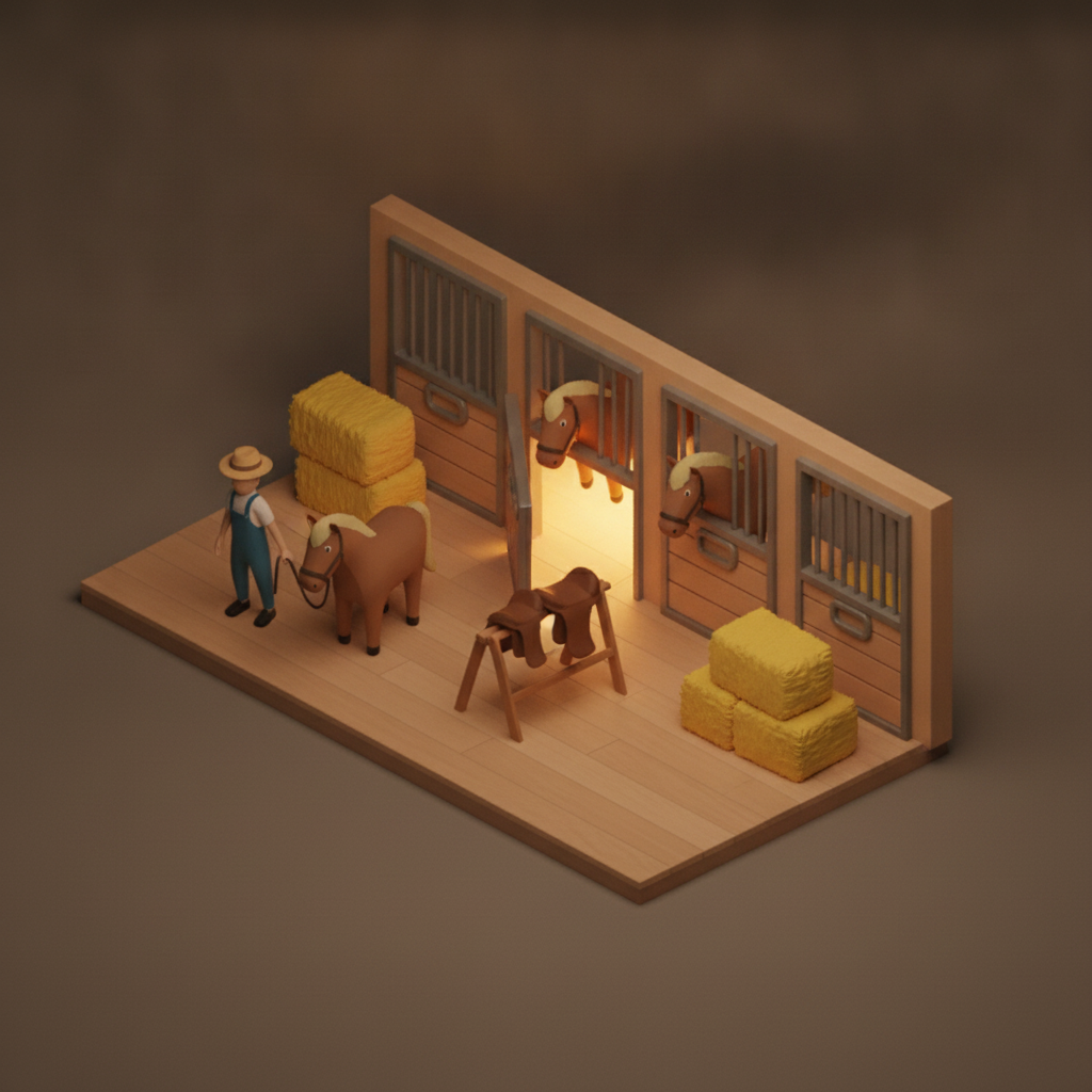 Diorama of a horse barn with stalls, hay bales and a handler