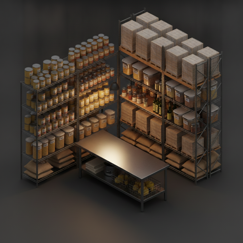 Restaurant dry-storage pantry with stainless shelving of cans and containers