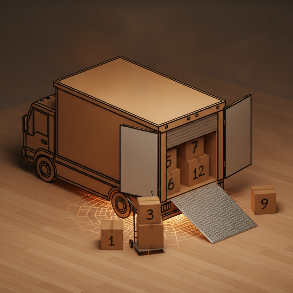 A kraft moving truck with its rear door open, a loading ramp, and numbered boxes on a dolly