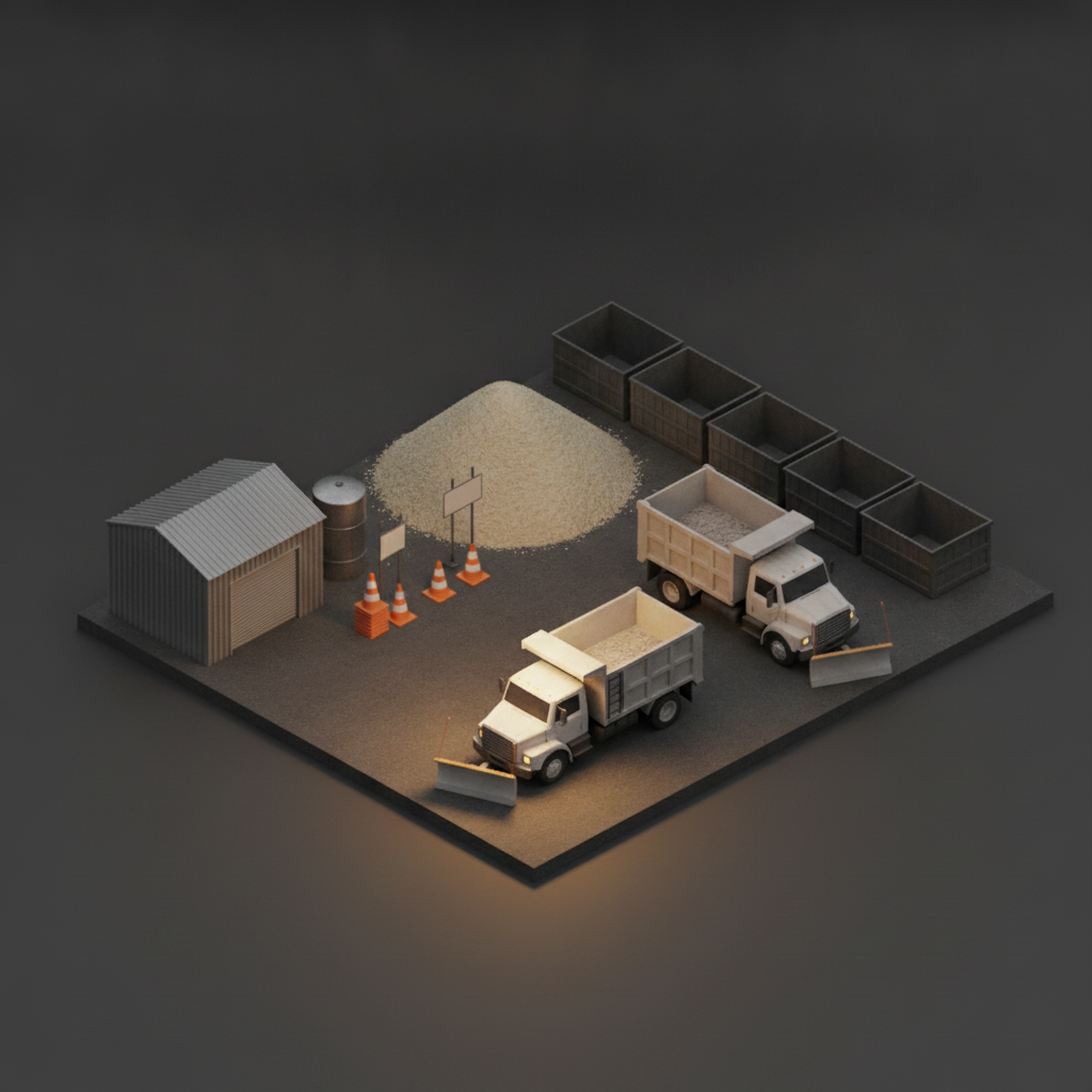 Diorama of a city public-works depot yard with dump trucks, a salt pile, cones and an equipment shed