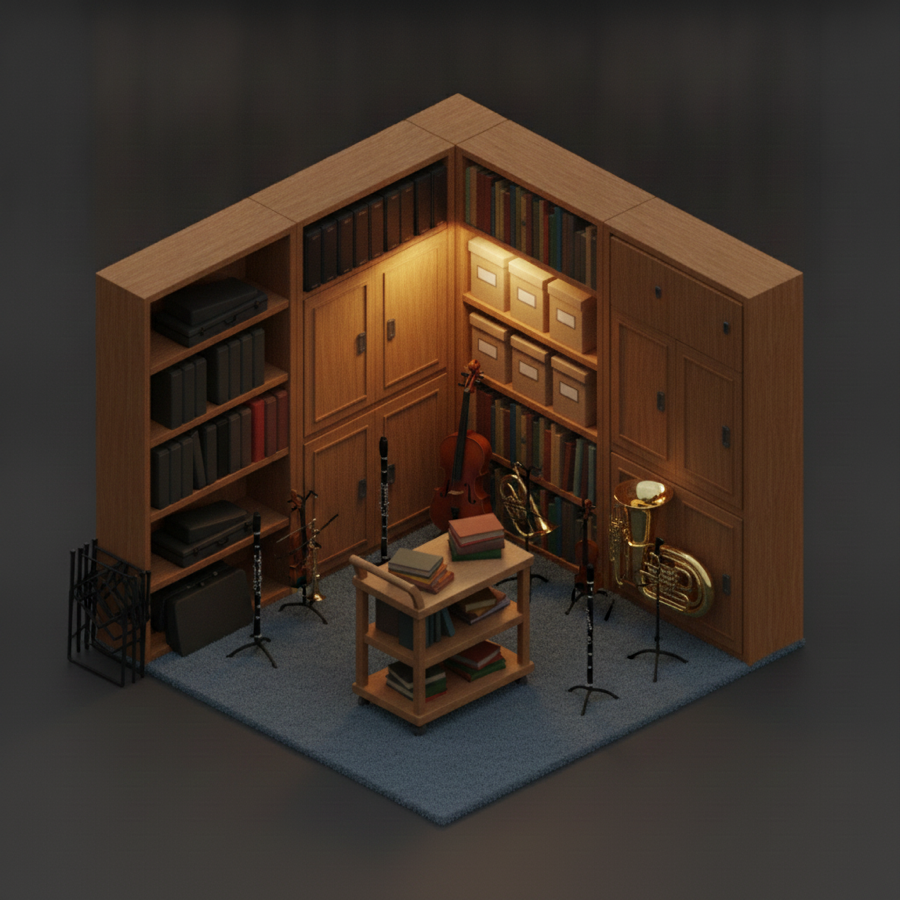 Orchestra instrument storage room with cases of violins, a cello, brass and music stands on shelves