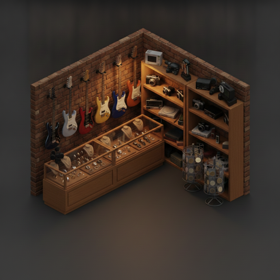Pawn shop back room with shelves and a case of guitars, tools, cameras, watches and jewelry
