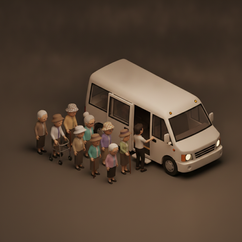 Diorama of older adults boarding a small shuttle van with a helper