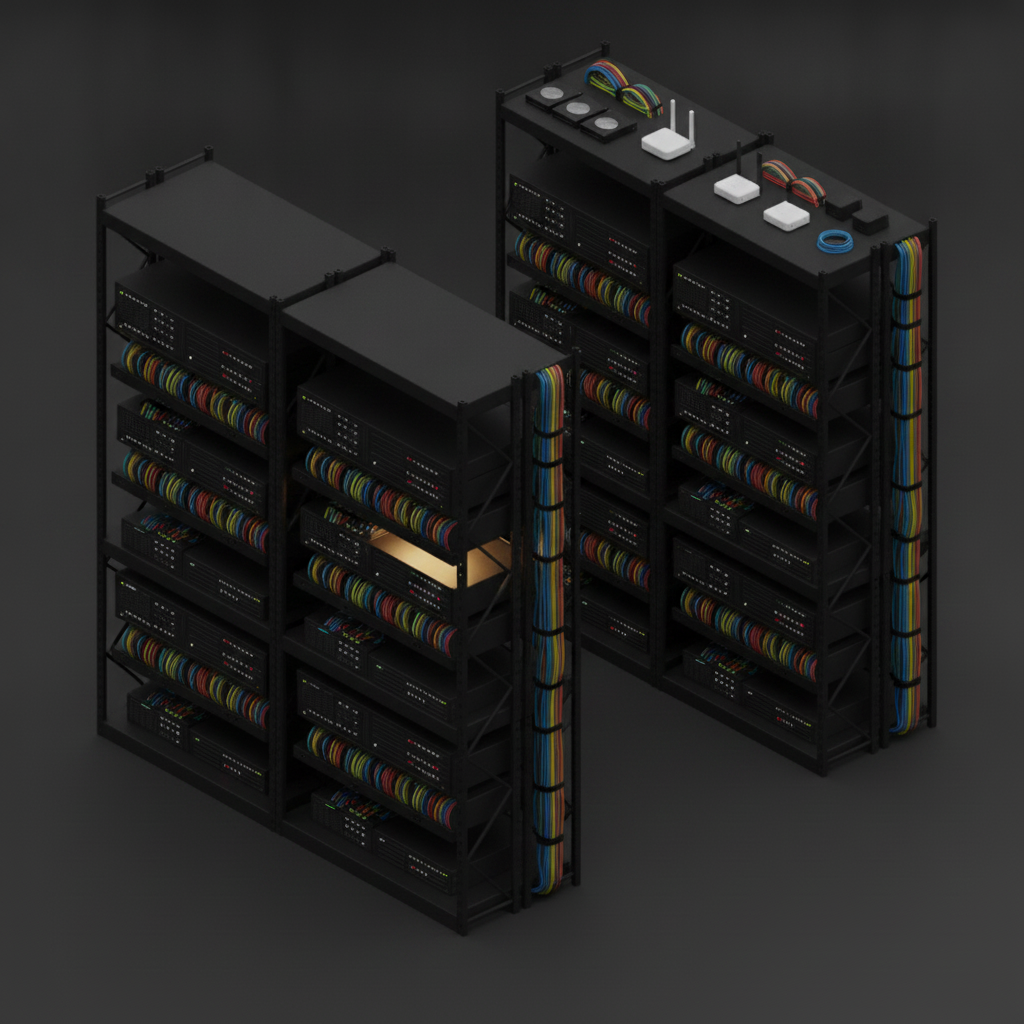 IT server room with two racks, network switches and bundled cables