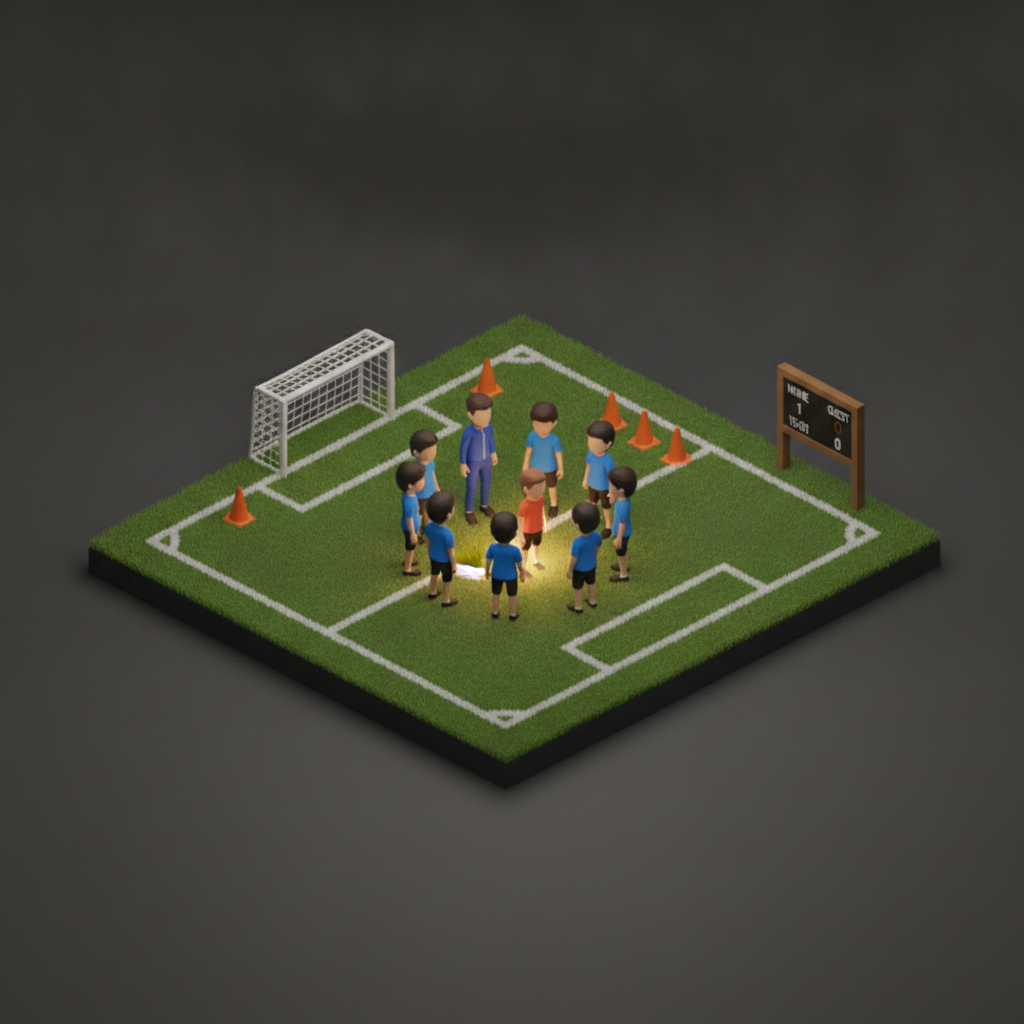 Diorama of a youth soccer team around a coach on a green field