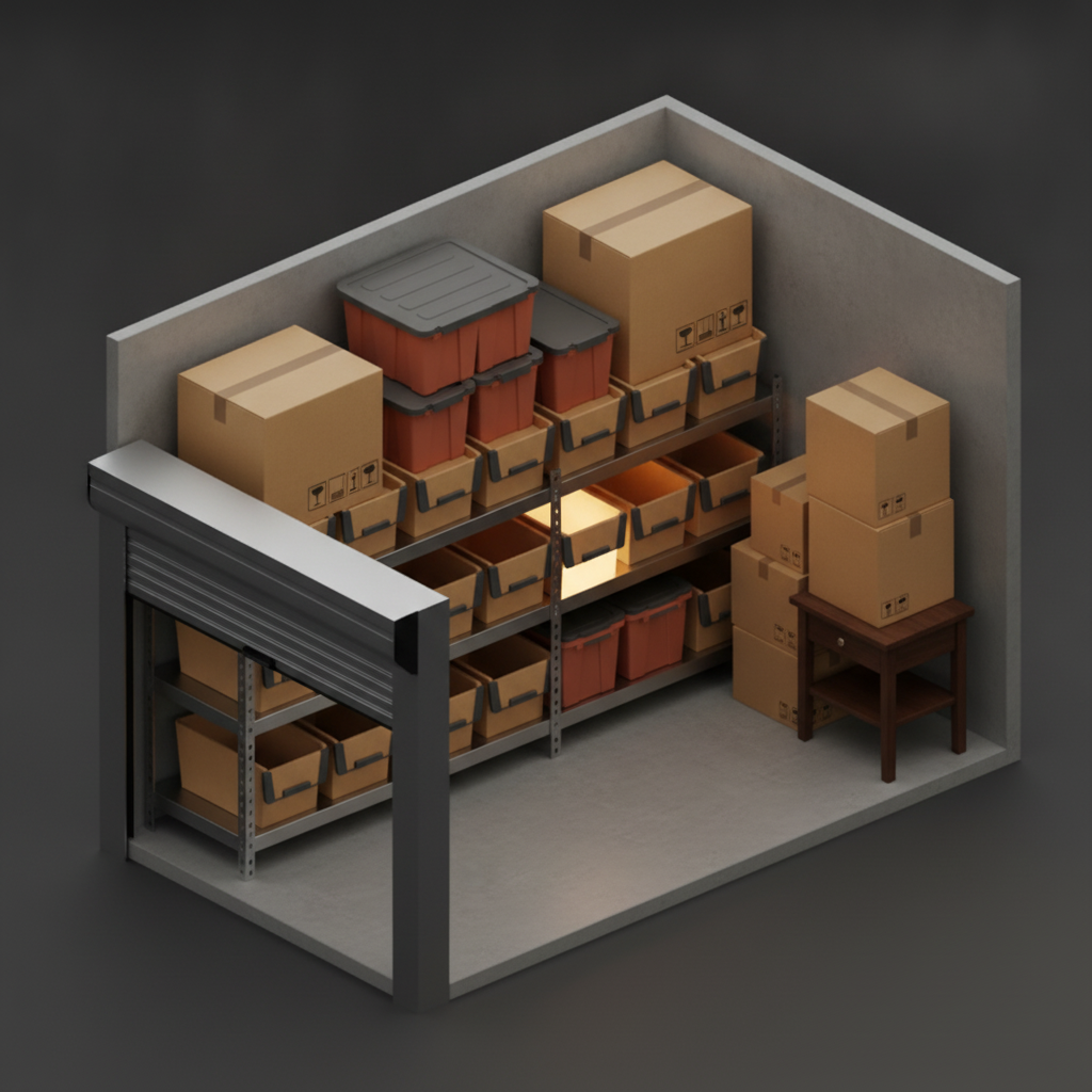 Self-storage unit interior with labeled boxes and totes