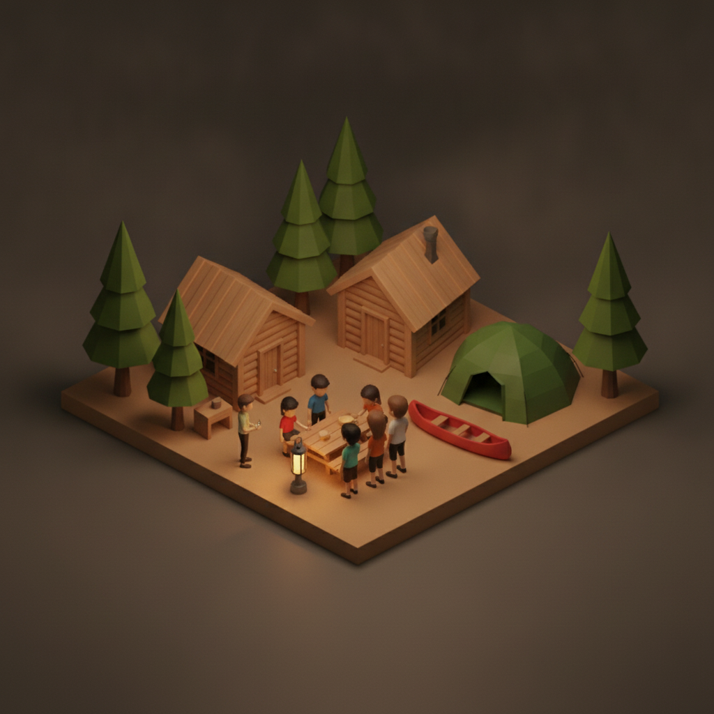 Diorama of campers by cabins, a tent and a canoe among pine trees