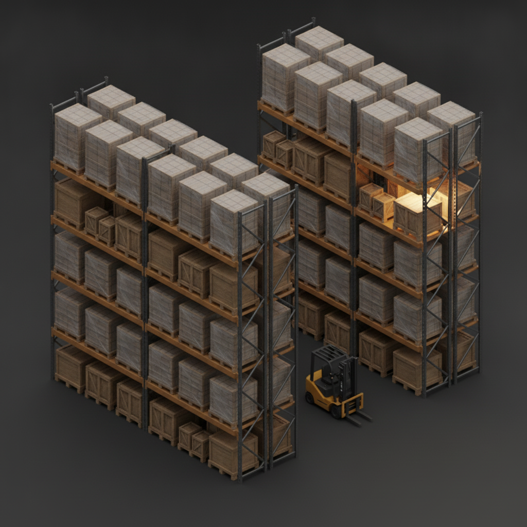 Large warehouse with tall pallet racking and a forklift