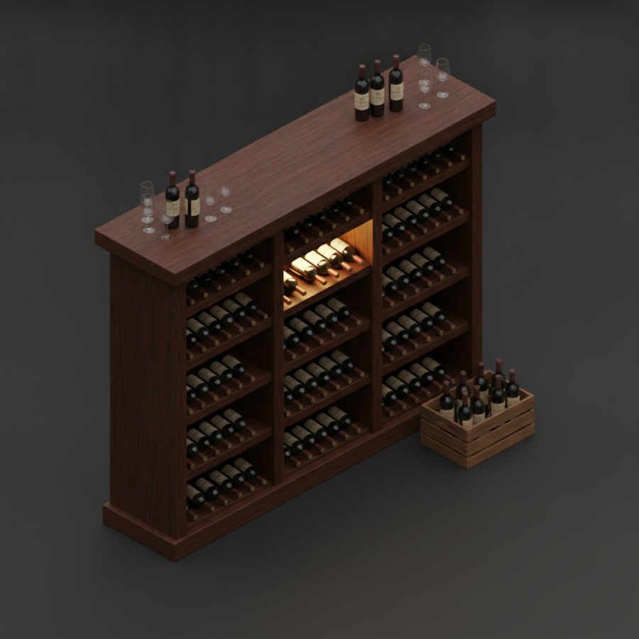 A dark-wood wine rack stocked with rows of wine bottles, glasses on top, one cubby lit warm